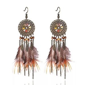 Feather boho earrings wood beads mandala hippie